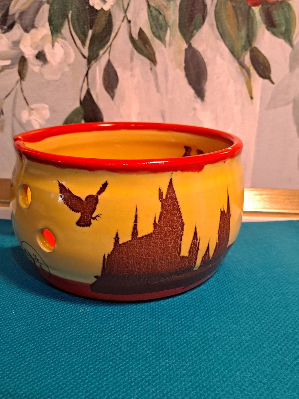 Artisan Crafted Yellow Red Ceramic Yarn Holder Bowl Hogwarts Harry Potter